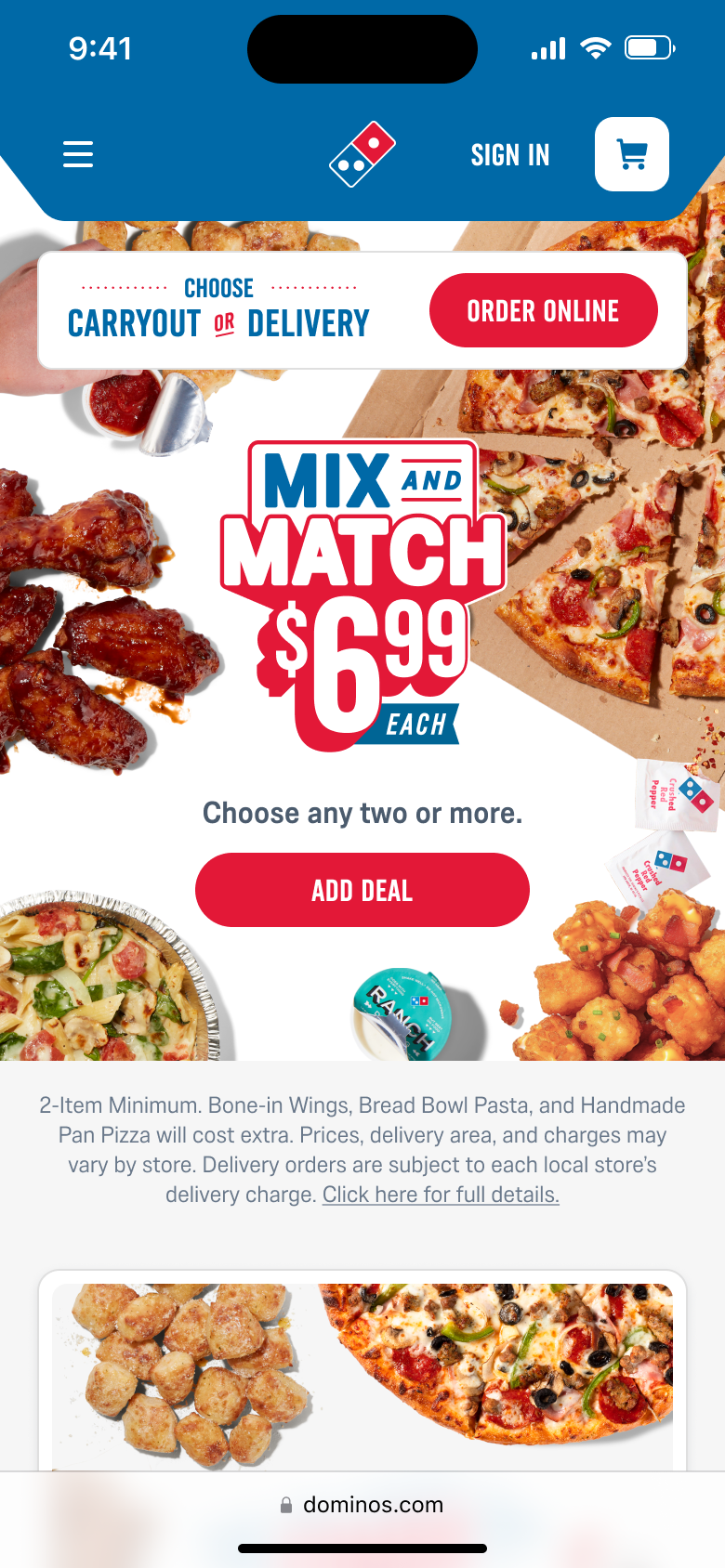 Domino's mobile homepage
